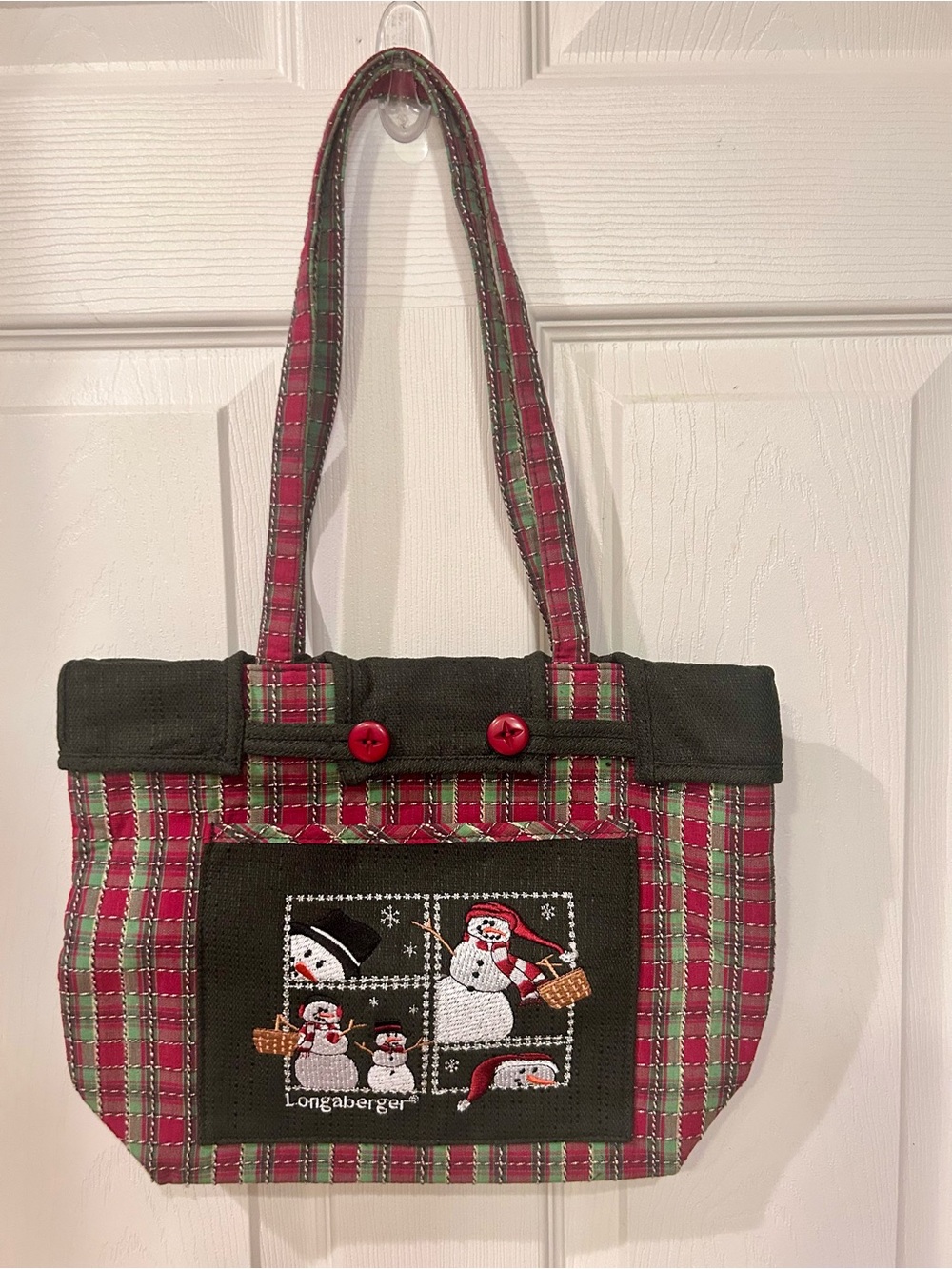 Longaberger Red and Green Plaid Tote with Snowman Panel